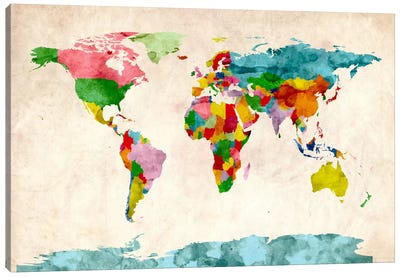 World Map Watercolors III Canvas Art Print - Kids Educational Art