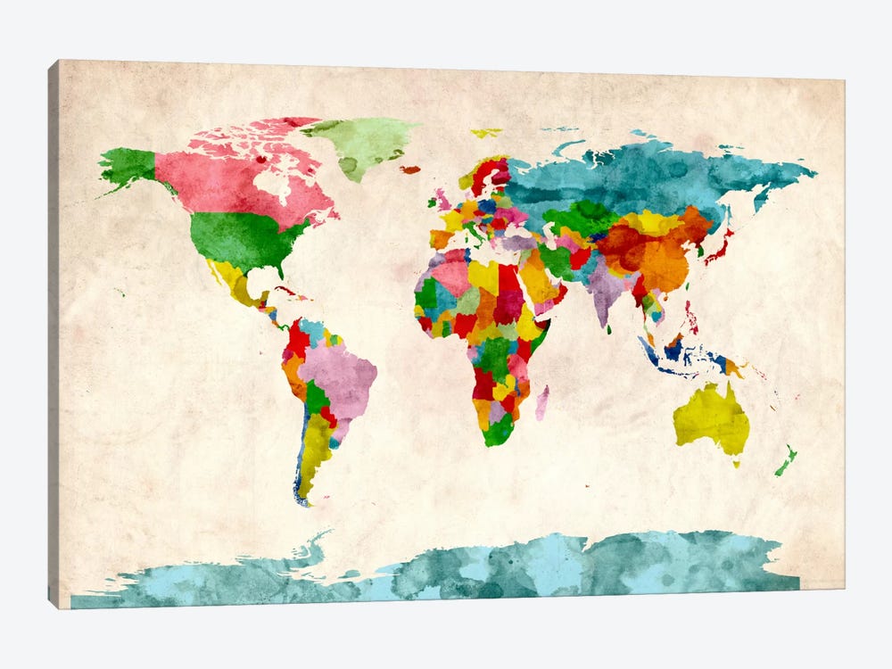 World Map Watercolors III by Michael Tompsett 1-piece Canvas Art Print