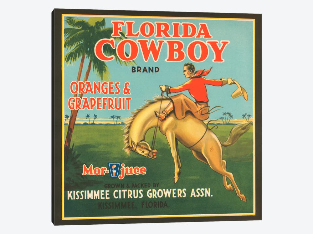 Florida Cowboy Brand Vintage Citrus Crate Label by Unknown Artist 1-piece Canvas Artwork