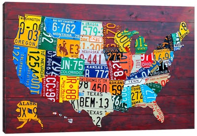 USA Recycled License Plate Map VII Canvas Art Print - Flag Art