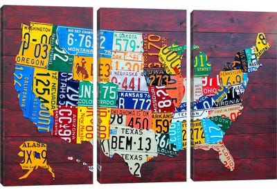 USA Recycled License Plate Map VII Canvas Art Print - 3-Piece Map Art