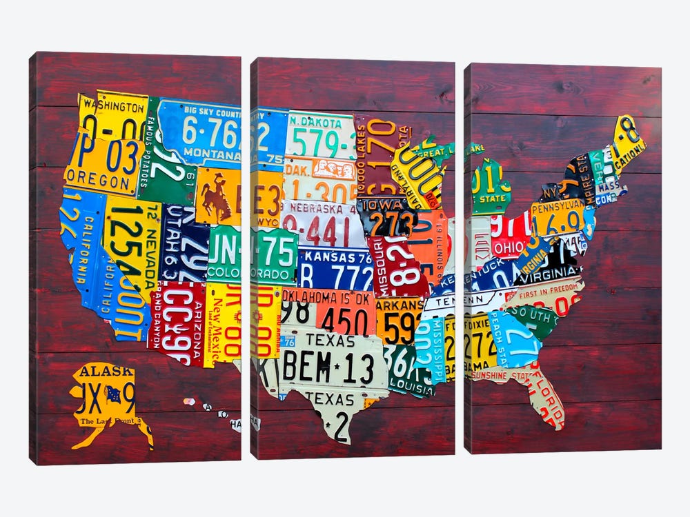 USA Recycled License Plate Map VII 3-piece Canvas Art Print