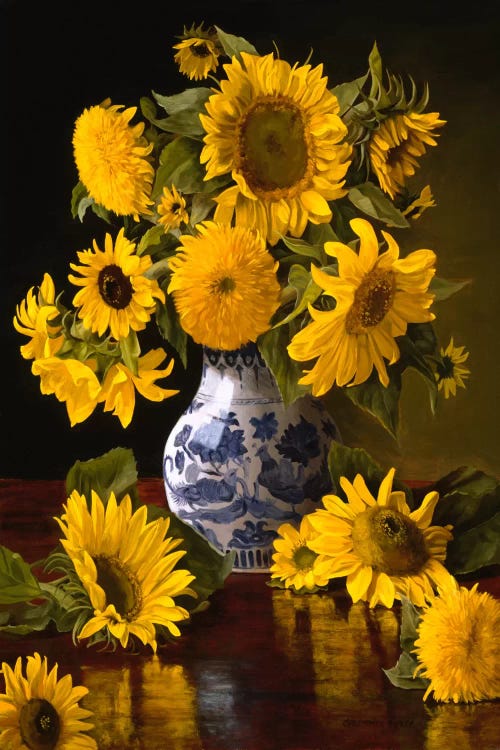 Sunflowers In A Blue Vase Canvas Wall Art by Jane Lantsman