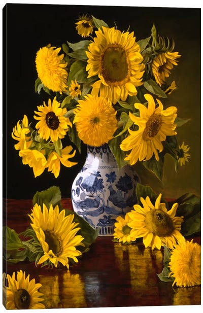 Sunflowers in Blue & White Chinese Vase Canvas Art Print - Artists Like Van Gogh