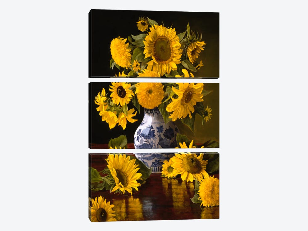 Sunflowers in Blue & White Chinese Vase by Christopher Pierce 3-piece Canvas Wall Art