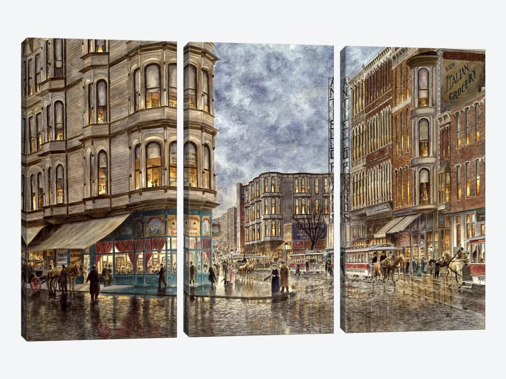 Dinner Hour, San Francisco, Ellis & Market St by Stanton Manolakas 3-piece Canvas Print