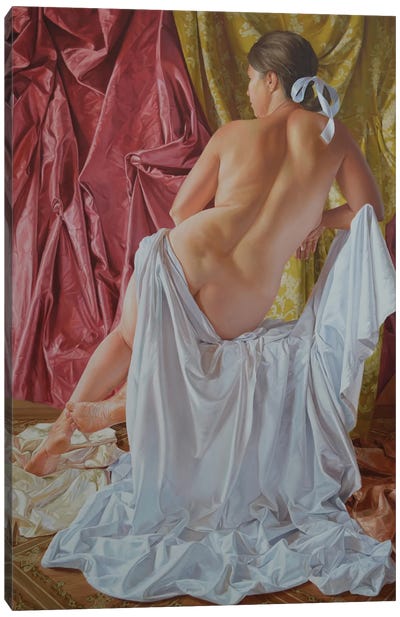 Seated Nude Model Canvas Art Print - Draped in Realism