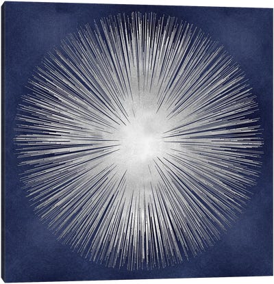 Silver Sunburst On Blue I Canvas Art Print - Large Minimalist Art
