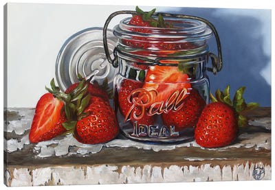 Ball Jar And Strawberries Canvas Art Print - Still Life
