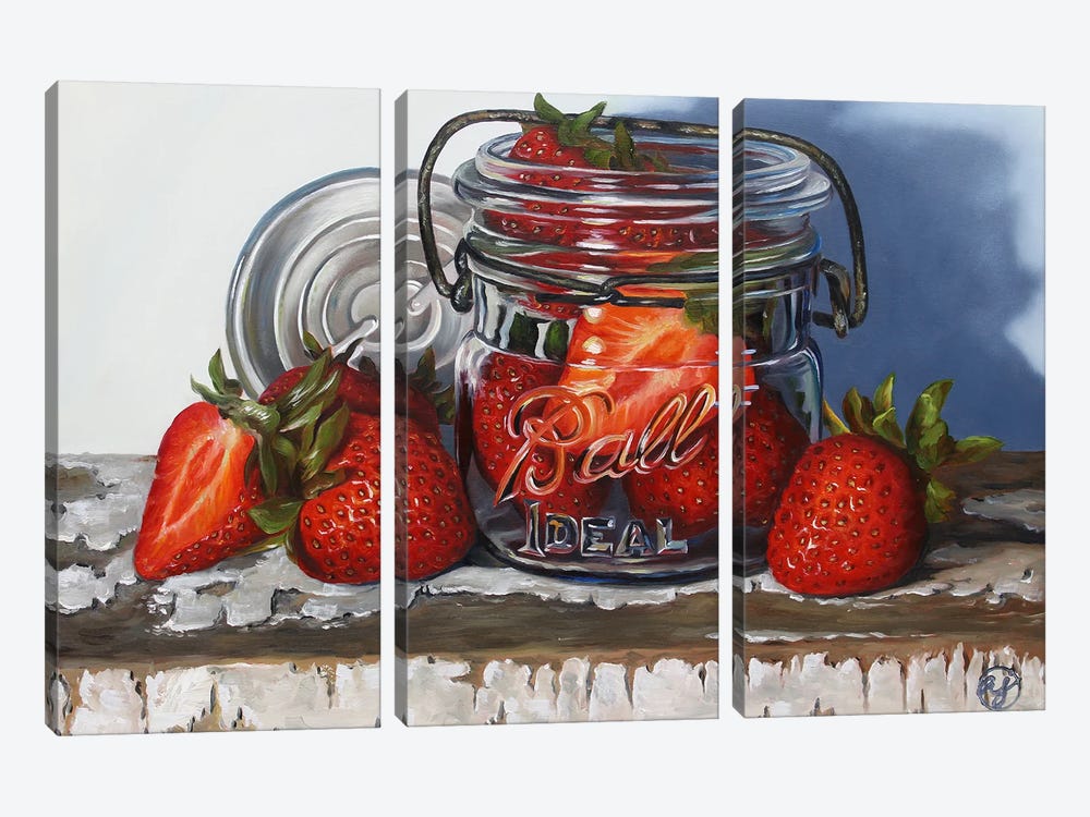 Ball Jar And Strawberries by Abra Johnson 3-piece Canvas Wall Art