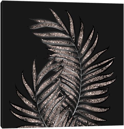 Gray Black Palm Leaves With Rose Gold Glitter IV Canvas Art Print - Rose Gold Art
