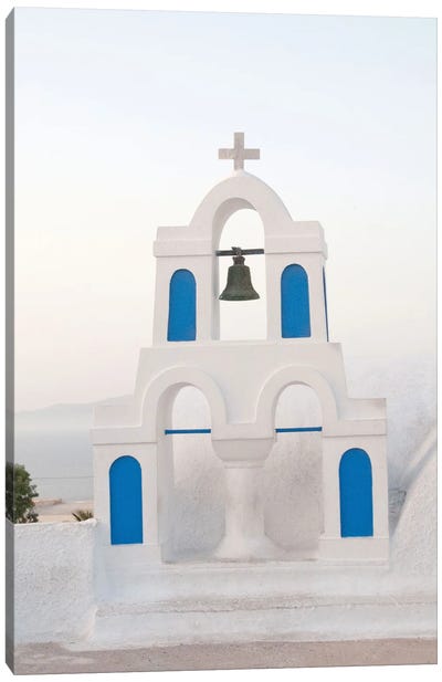 White Blue Bell Tower In Oia Santorini I Canvas Art Print - Blue Domed Church Santorini