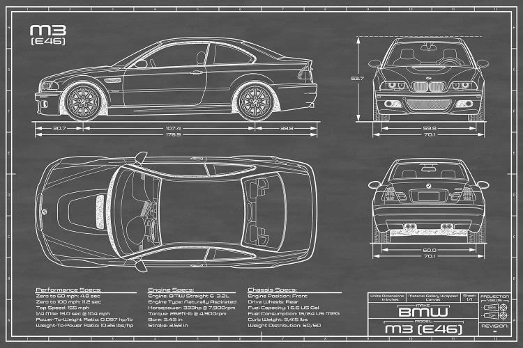  Impresión en lienzo negro BMW M2 (E46) de Action Blueprints |  iCanvas