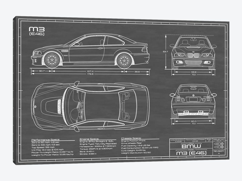 BMW M2 (E46) Black by Action Blueprints 1-piece Art Print