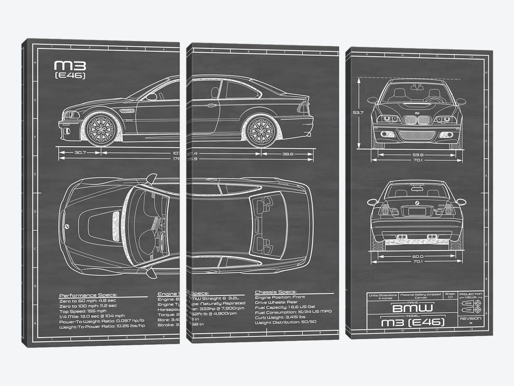 BMW M2 (E46) Black by Action Blueprints 3-piece Art Print