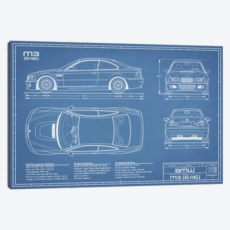 BMW M2 (E46) Blueprint Canvas Print #ABP12} by Action Blueprints Art Print
