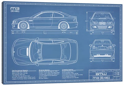 BMW M2 (E46) Blueprint Canvas Art Print - Automobile Blueprints