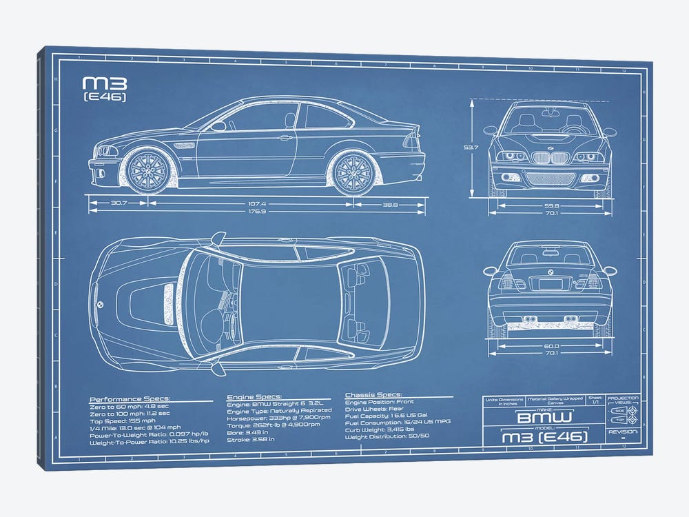 BMW M2 (E46) Blueprint by Action Blueprints 1-piece Canvas Art