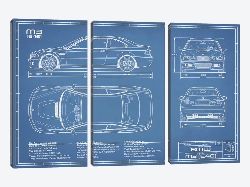 BMW M2 (E46) Blueprint by Action Blueprints 3-piece Canvas Art