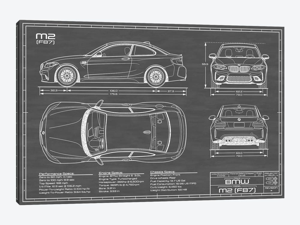 BMW M2 (F87) Black by Action Blueprints 1-piece Canvas Art Print