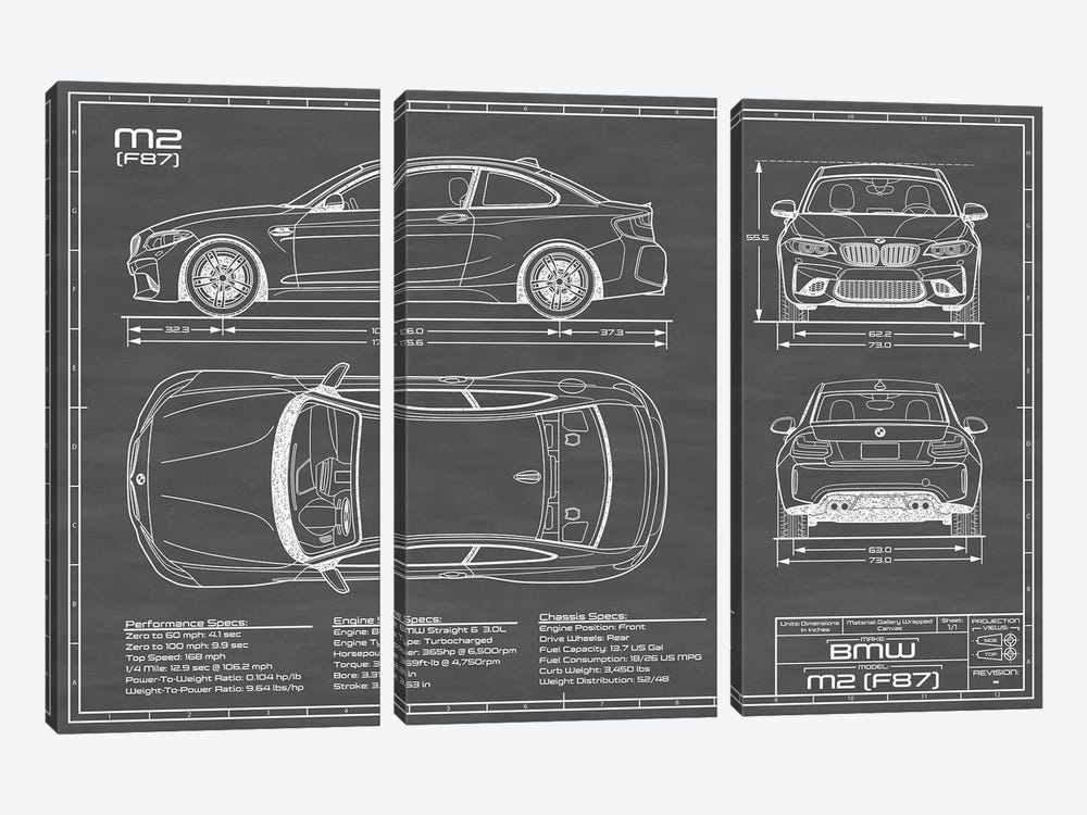 BMW M2 (F87) Black by Action Blueprints 3-piece Canvas Print