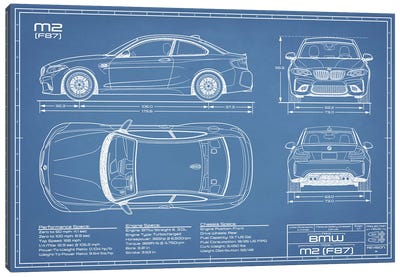 BMW M2 (F87) Blueprint Canvas Art Print - Automobile Blueprints
