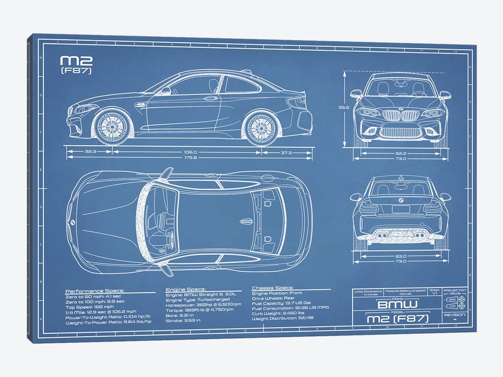 BMW M2 (F87) Blueprint by Action Blueprints 1-piece Canvas Wall Art