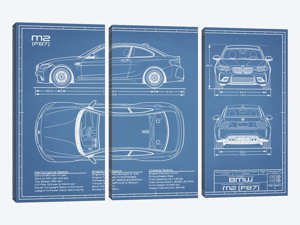 BMW M2 (F87) Blueprint by Action Blueprints 3-piece Canvas Wall Art