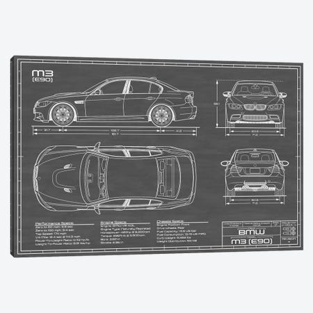 BMW M3 (E90) Black Canvas Print #ABP15} by Action Blueprints Canvas Artwork