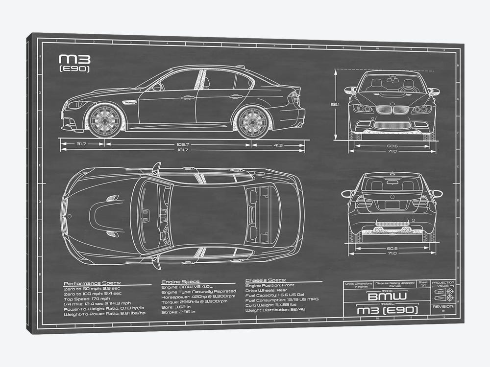BMW M3 (E90) Black by Action Blueprints 1-piece Canvas Art Print