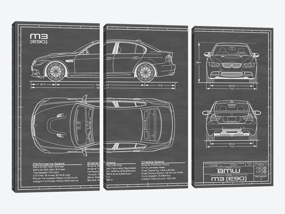 BMW M3 (E90) Black by Action Blueprints 3-piece Canvas Art Print