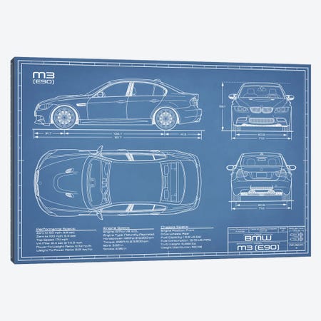 BMW M3 (E90) Blueprint Canvas Print #ABP16} by Action Blueprints Canvas Artwork