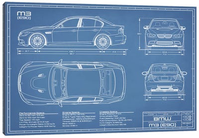 BMW M3 (E90) Blueprint Canvas Art Print - Automobile Blueprints