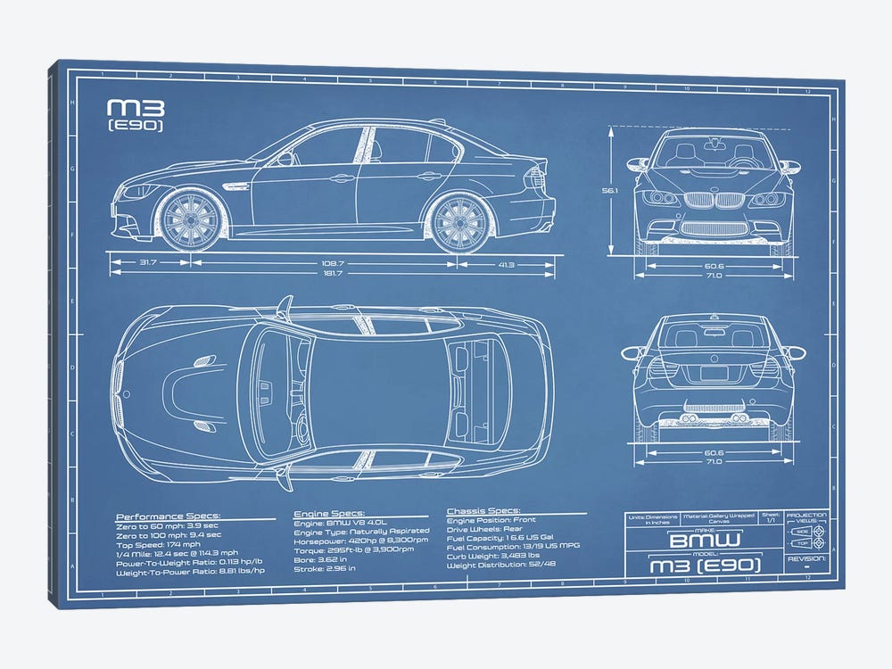 BMW M3 (E90) Blueprint by Action Blueprints 1-piece Canvas Wall Art