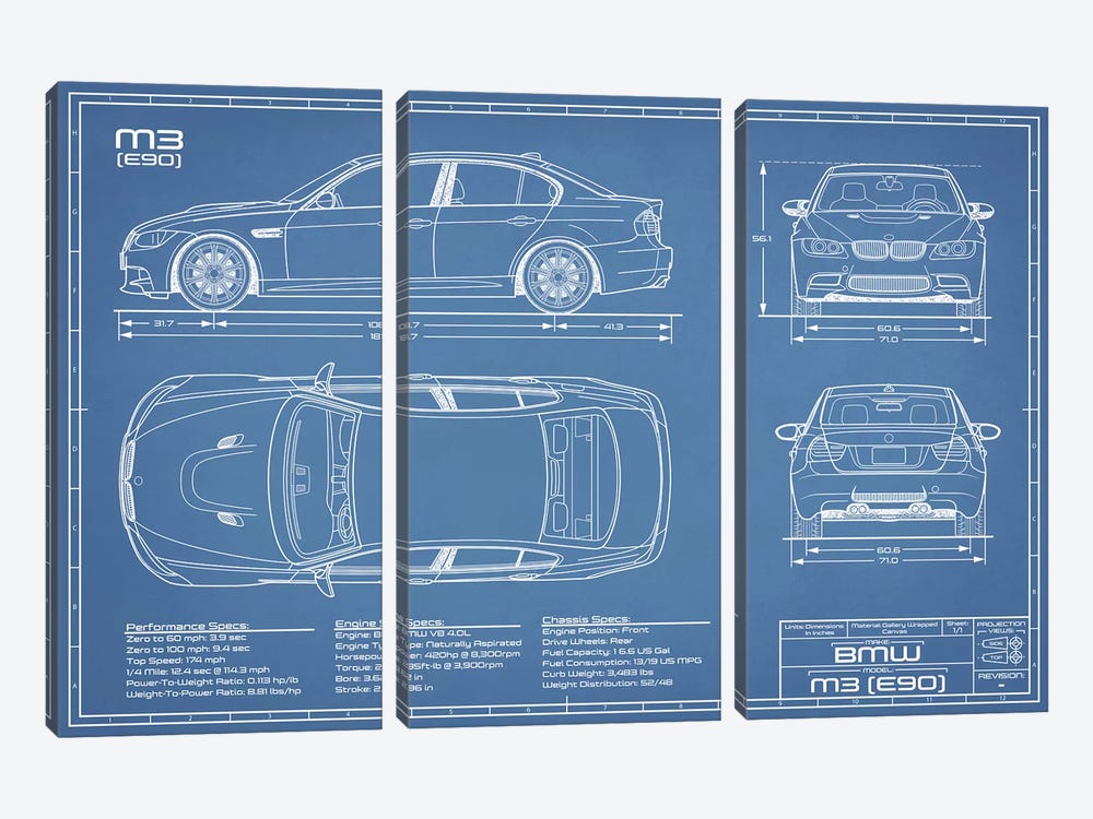 BMW M3 (E90) Blueprint by Action Blueprints 3-piece Canvas Artwork