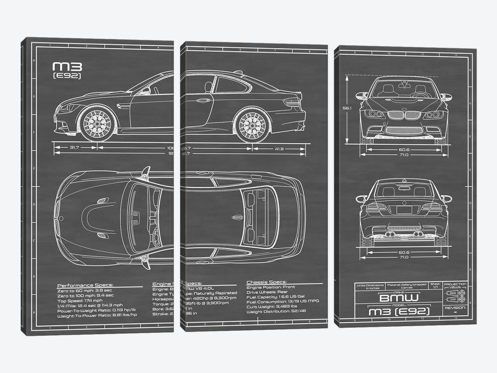 BMW M3 (E92) Black by Action Blueprints 3-piece Canvas Art Print