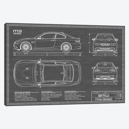 BMW M3 (E92) Black Canvas Print #ABP17} by Action Blueprints Canvas Art