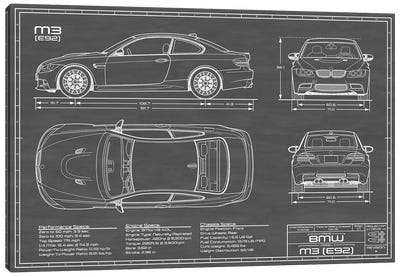 BMW M3 (E92) Black Canvas Art Print - Automobile Blueprints