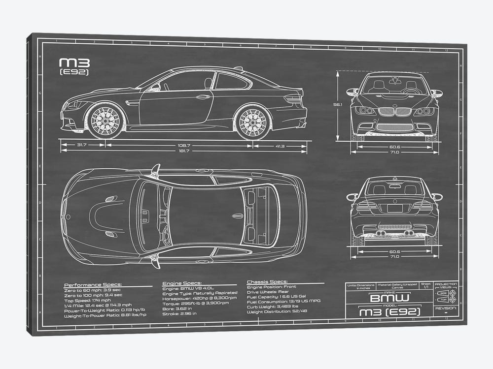 BMW M3 (E92) Black by Action Blueprints 1-piece Canvas Print