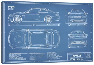 BMW M3 (E92) Blueprint Canvas Art Print - Automobile Art