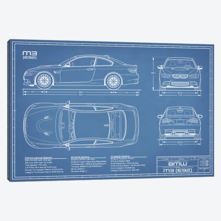 BMW M3 (E92) Blueprint Canvas Print #ABP18} by Action Blueprints Art Print