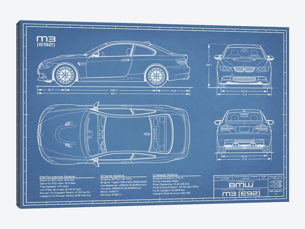 BMW M3 (E92) Blueprint by Action Blueprints 1-piece Canvas Art