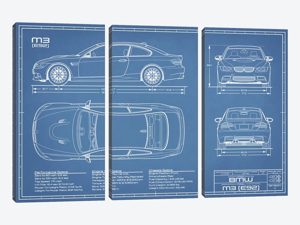 BMW M3 (E92) Blueprint by Action Blueprints 3-piece Canvas Wall Art