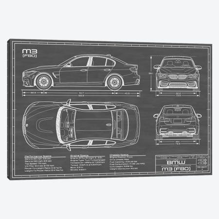 BMW M3 (F80) Black Canvas Print #ABP19} by Action Blueprints Canvas Art Print