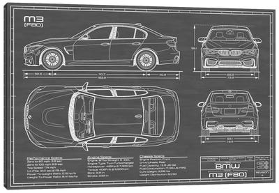 BMW M3 (F80) Black Canvas Art Print - Automobile Blueprints