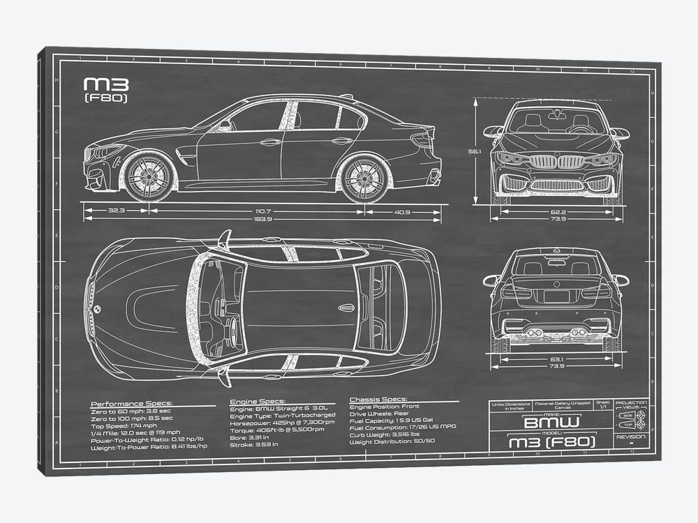 BMW M3 (F80) Black by Action Blueprints 1-piece Art Print