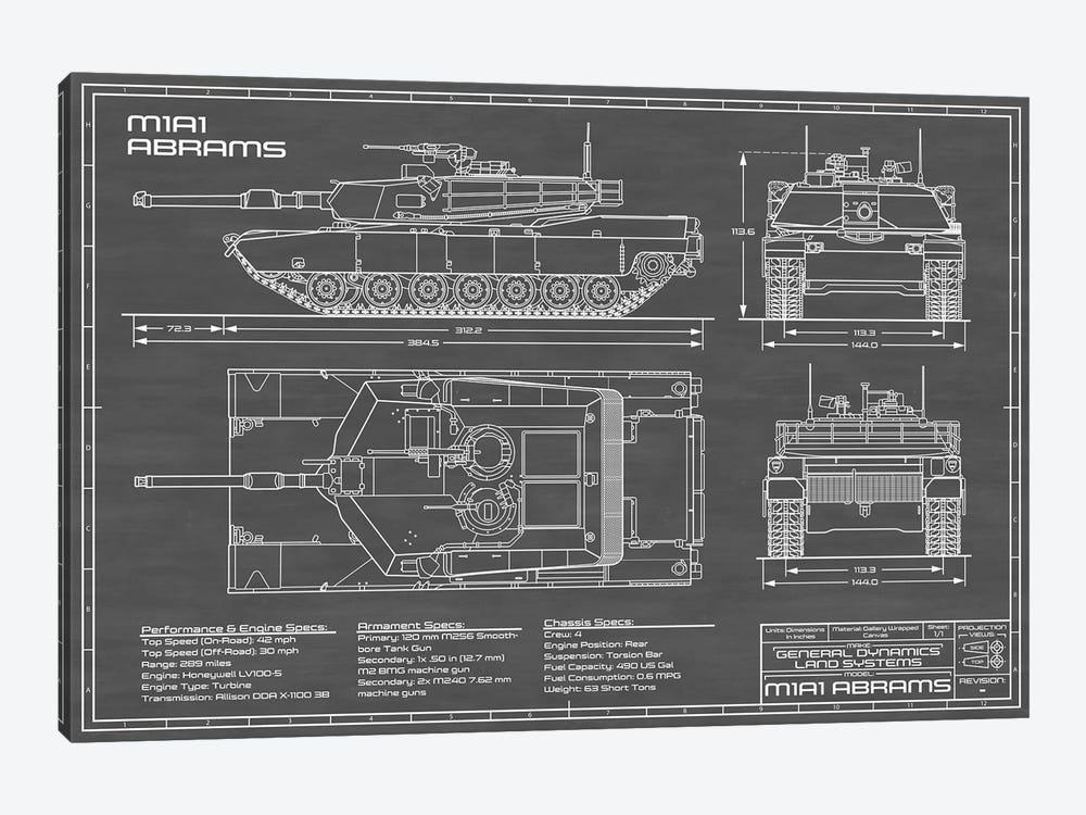 1980 M1A1 Abrams Battle Tank | Black by Action Blueprints 1-piece Art Print