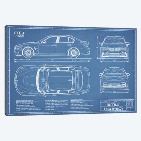 BMW M3 (F80) Blueprint Canvas Print #ABP20} by Action Blueprints Canvas Wall Art