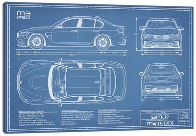 BMW M3 (F80) Blueprint Canvas Art Print - Cars By Brand