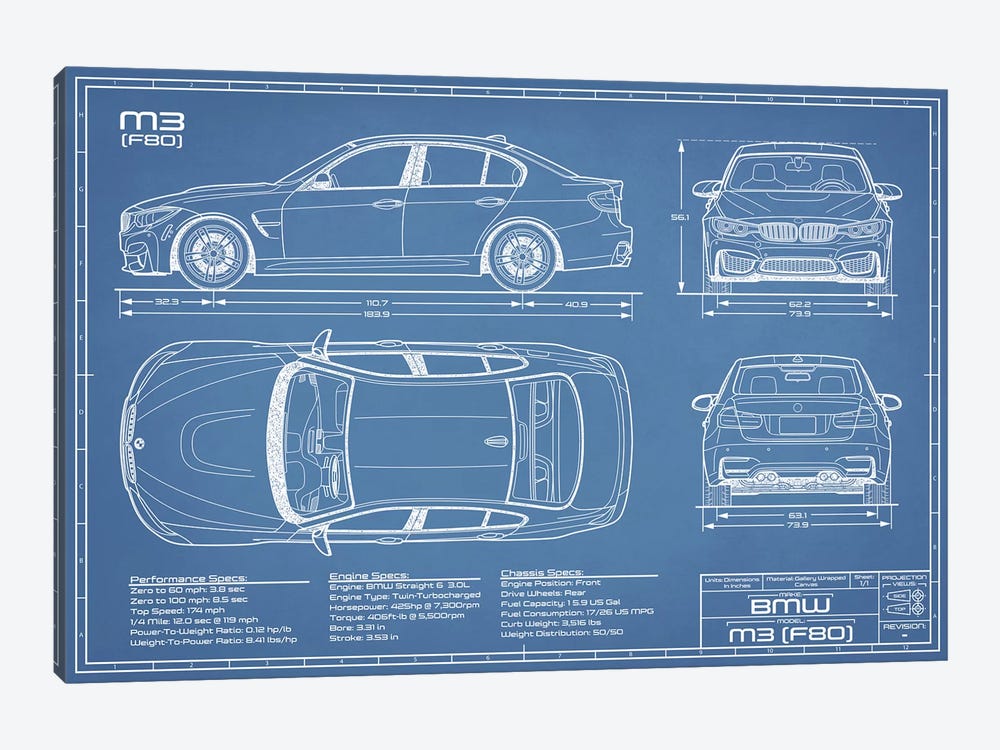 BMW M3 (F80) Blueprint by Action Blueprints 1-piece Canvas Art Print